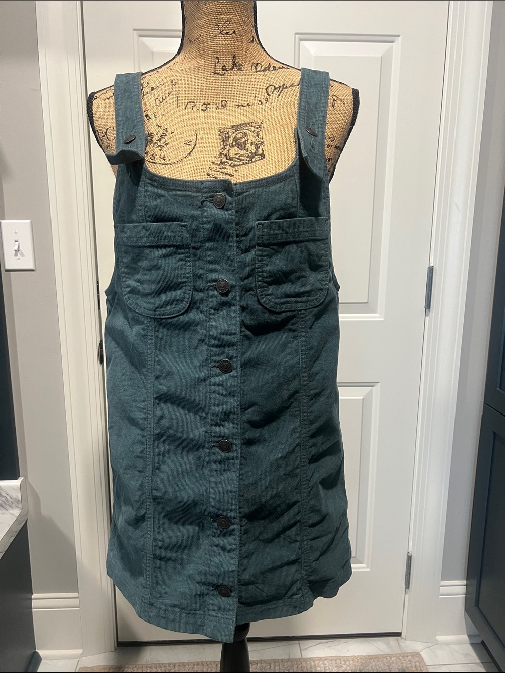 American Eagle Sz S Corduroy Button-Front Overall Dress Deep Teal Campus Fall